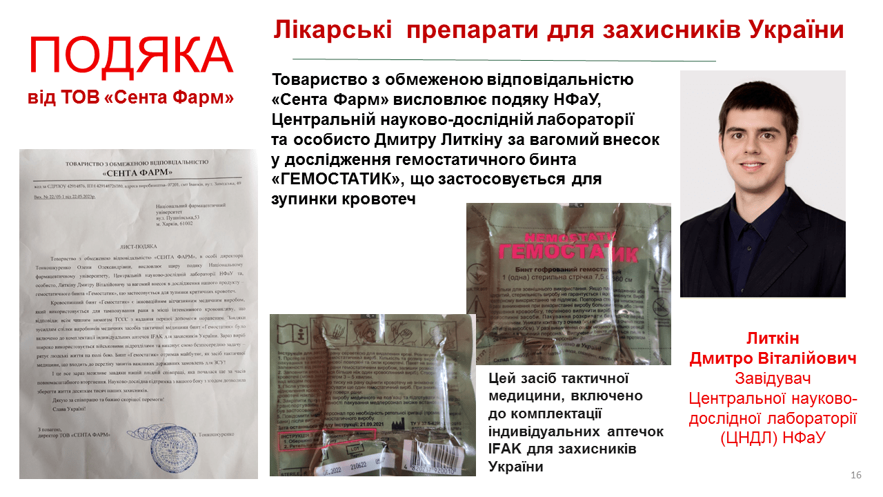 Благодарность за вклад в исследование гофрированного бинта «Гемостатик»